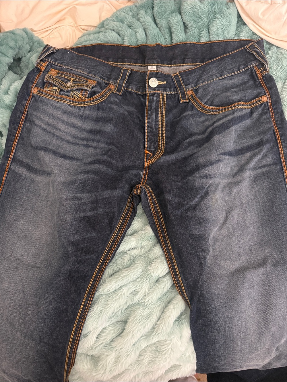 True Religion Men's Dark Blue Jeans with Orange Contrast Stitching